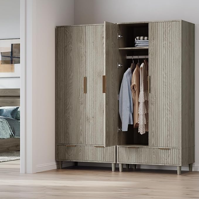 VINGLI Fluted Armoire Wardrobe Closet Wooden with Doors and Drawers, Wardrobe Cabinet with Hanging Rack, Bedroom Closet Wood, Free Standing Armoire with Shelf and Solid Wood Legs, Grey