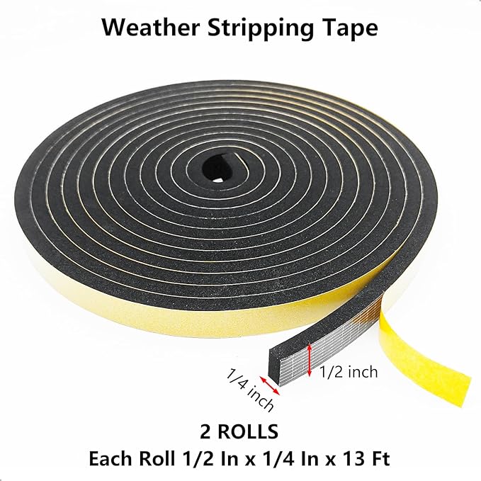 Weather Stripping Door Seal Strip, Strong Adhesive, Weatherproof, Reduce Noise, Gap Filler, Foam Insulation Tape for Doors and Windows (1/2 in x 1/4 in x 26 Ft)