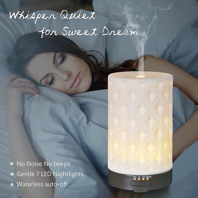 Earnest Living Essential Oil Diffuser for Home White Ceramic 100ml Aromatherapy Diffuser with 4 Timers 7 Night Lights and Auto Off Function (no Beep!) for Essential Oils