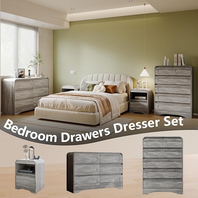 3 Piece Bedroom Set, Dresser and Nightstand Sets for Bedroom, Wood 6 Drawer Dresser & Night Stand Set of 2, Wide Chest of Drawers Modern Storage Cabinet Bedroom Furniture Set, Grey