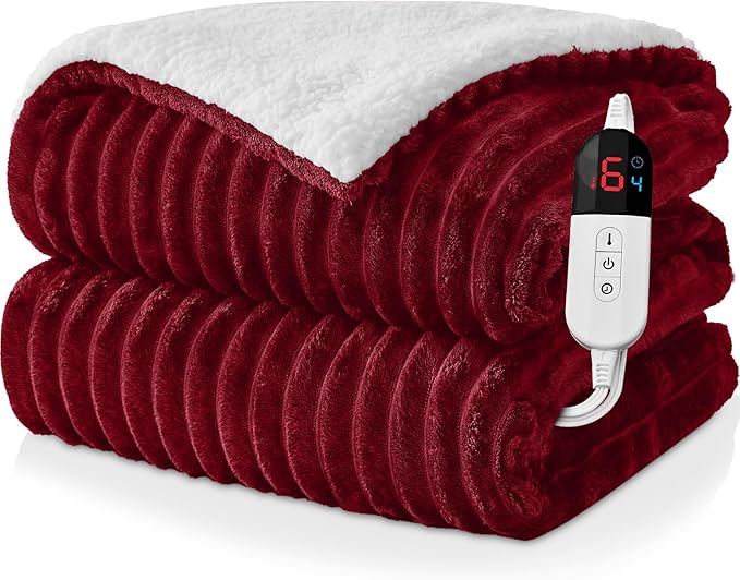 Electric Heated Blanket Twin Size - 62"x84" Fast Heating Bed Blankets with 6 Heating Levels & 10 Hours Auto Off, Soft Ribbed Flannel Sherpa, Over-Heated Protection ETL, Red