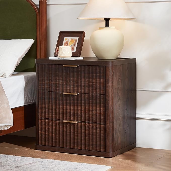 LEYAOYAO Fluted Nightstand with Charging Station, 23" Wide 3 Drawers Night Stand,Walnut End Table with Open Storage,Farmhouse Bed Side Tables, Wood Dresser for Bedroom, Living Room, Closet
