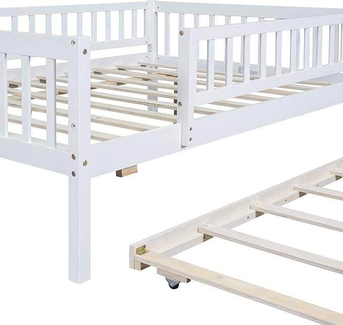 Bellemave Full Size Bed Frames with Rails for Kids, Full daybed Frame with Trundle for Boys/Girls/Adults， White