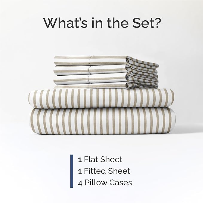 King 6 Piece Sheet Set - Cooling, Comfy & Breathable - Hotel Luxury Bedding, Includes Fitted Sheet for Women, Men, Kids & Teens - 1 Flat, 1 Fitted Sheet, 4 Pillowcases w/Deep Pockets - Beige Stripes
