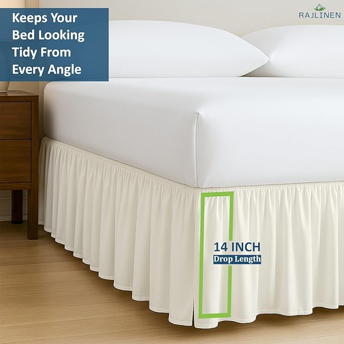 Rajlinen Ruffled Bed Skirt King, 14 Inch Drop Dust Ruffle with Split Corners, 100% Microfiber Bedskirt with Platform, Three-Sided Coverage Ruffled Gathering Design, Ivory