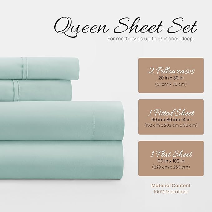 Linen Market Brushed Microfiber Queen Sheet Set 4 Piece – Oeko-TEX Certified Ultra Soft & Wrinkle-Free - 16" Deep Pocket Sheets - Easy Care Queen Size - Aqua