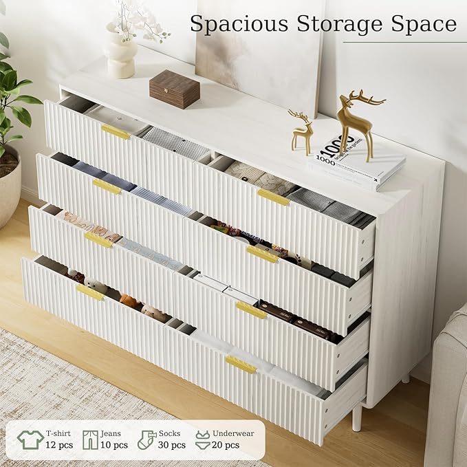 LYNSOM Fluted Dresser and Nightstand Sets 3 Piece, 9-Drawers Dresser and 1-Drawer Nightstands Set of 2, Wood Bedroom Furniture Set for Home, Bedroom, Hallway, White