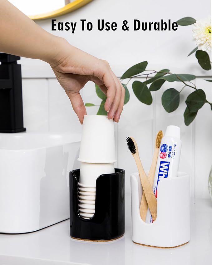 5 oz Square Ceramic Bathroom Cup Dispenser for Kids and Pregnancy - Disposable Paper Cup Holder for Mouthwash Cups on Bathroom Vanity Countertop (Black-1, 1 Pack)