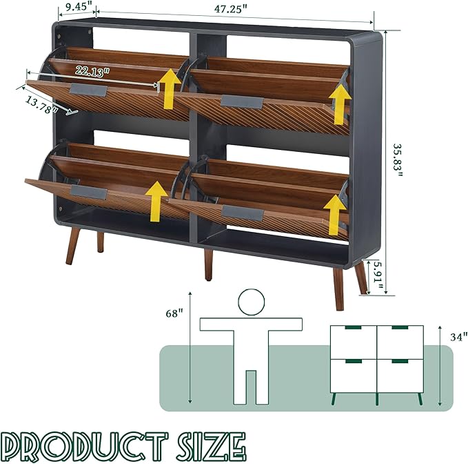 47" Fluted Large Shoe Cabinet with 4 Flip Drawers, Slim Freestanding Shoe Cabinet Organizer, Narrow Shoes Storage Rack for Entryway, 5 Sturdy Legs (Walnut with black, 9.45"D x 47.24"W x 35.83"H)