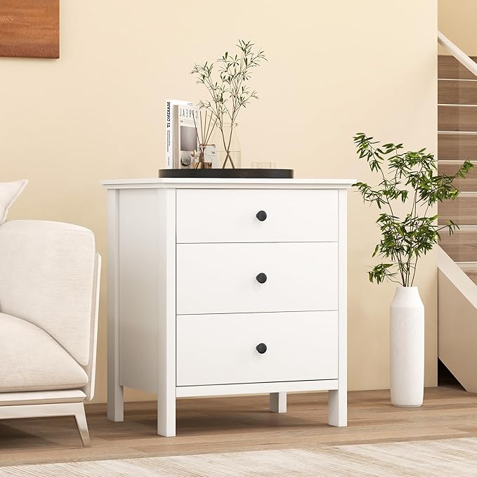 Giantex Nightstand with 3 Drawers Set of 2, Wooden Side End Table with Solid Wood Legs, Retro 3-Drawer Bedside Table Night Stand for Bedroom Home Office Small Space, Easy Assembly, White