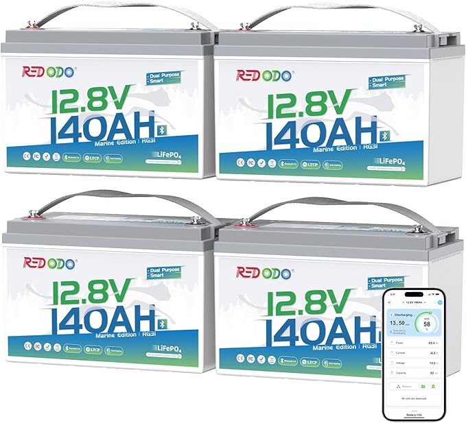Redodo 12V 140Ah Dual Purpose Lithium Marine Battery, 1000CCA Group 31 Bluetooth Starting Battery with Self Heating, 4 Pack