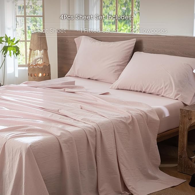 MooMee Bedding Sheet Set 100% Washed Cotton Linen Like Textured Breathable Durable Soft Comfy (Heathered Greyish Pink, Full)