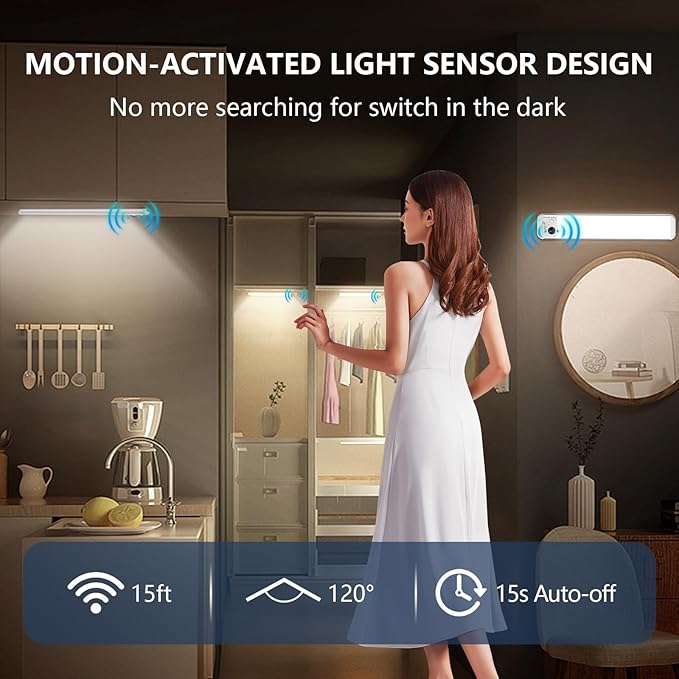 Under Cabinet Lighting, 3 Colors, Motion Sensor Light Indoor, LED Rechargeable Closet Lights Battery Operated, Dimmable Night, Stick-On Magnetic Cabinet Lights for Kitchen Stairs Hallway