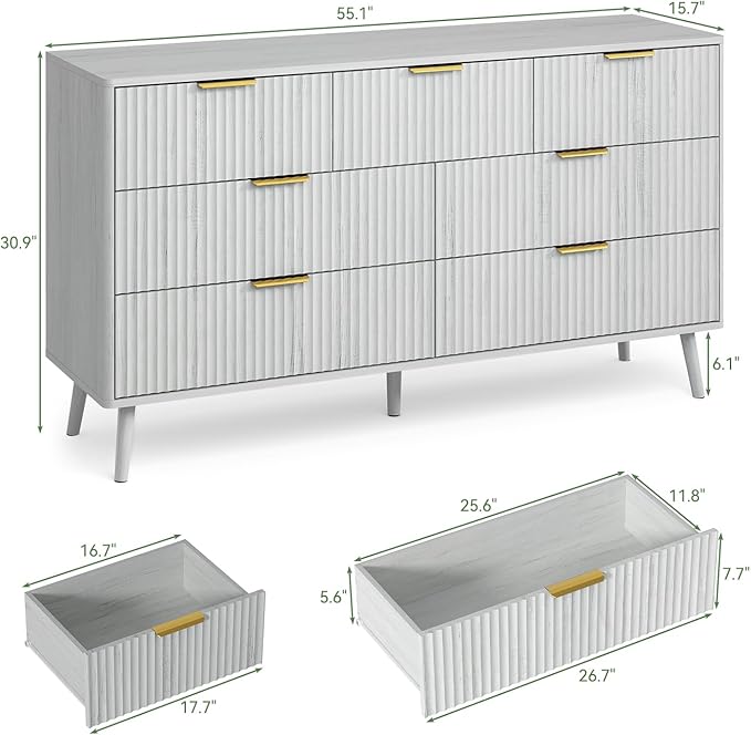 LYNSOM Fluted Dresser and Nightstand Sets 3 Piece, 7-Drawers Dresser and 1-Drawer Nightstands Set of 2, Wood Bedroom Furniture Set for Home, Bedroom, Hallway, White
