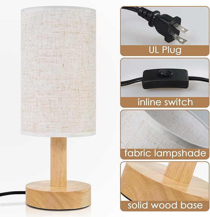 Small Bedside Table Lamp for Bedroom,Natural Round Wood Base&Fabric Linen Shade,Cozy Night Table Light for Study Reading,Minimalist Boho Desk Lamp for Nightstand,Living Room,Nursery,Kitchen,Dorm