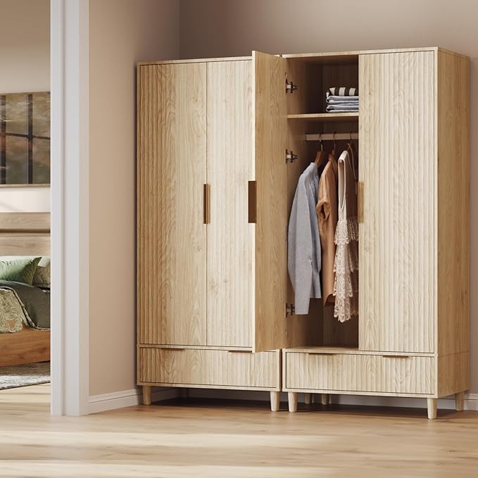 VINGLI Fluted Wardrobe Closet Armoire with Doors And Drawers, Wardrobe Cabinet with Hanging Rack, Bedroom Closet Wood, Oak Free Standing Armoire with Shelf and Solid Wood Legs, 31.5"W*19.7"D*69.3"H