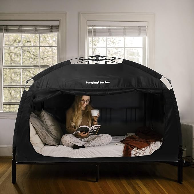 Indoor Instant Privacy Bed Tent for Sleeping,Quick Set-up Bed Canopies,Portable Bed Drapes with Large Space and 3 Doors (Black, Twin)