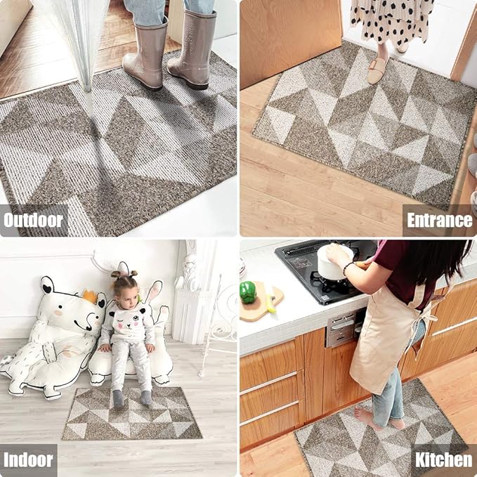 Indoor Doormat 24"x 36", Absorbent Front Back Door Mat Floor Mats, Rubber Backing Non Slip Door Mats Inside Mud Dirt Trapper Entrance Front Door Rug Carpet, Machine Washable Low Profile-Brown Geome