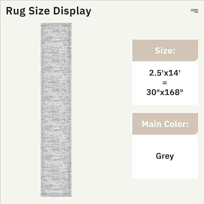 Runner Rug 2'6" x 14' Washable Non-Slip Runner Rugs for Kitchen Bathroom Laundry Room Vintage Ultra Thin Runners for Hallway Entryway Grey