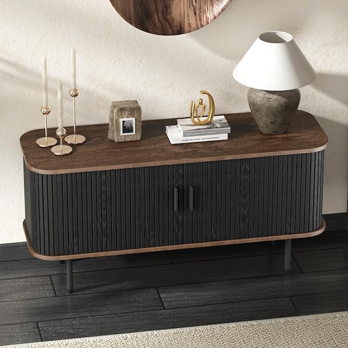 47''W Black Cabinet with Storage, Media Console, Tambour TV Stand, Television Stands with Curvy Edge; Sliding Door, Fluted Cabinet, Buffet Sideboard, Credenza, Table Stand for Living Room, Kitchen
