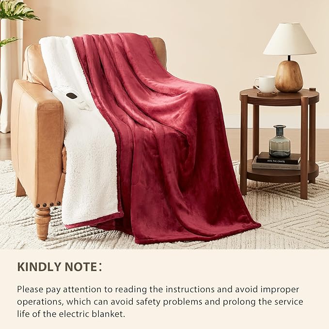 Homemate Heated Blanket Electric Throw - 50"x60" Heating Blanket Throw 1/2/4/6/8 Hours Auto-Off 10 Heat Level Over-Heat Protection Flannel Sherpa ETL Certification