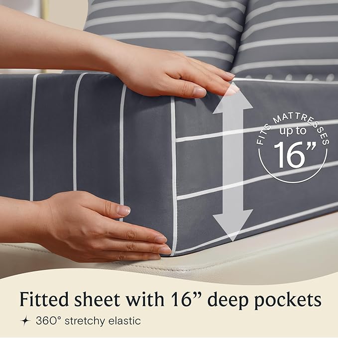 LuxClub 4 PC King Sheet Set, Deep Pockets Wrinkle Free Cooling Bed Sheets Hotel Bedding for Women, Men, Includes 1 Fitted Sheet, 1 Flat Sheet and 2 Pillowcases-Striped - Light Grey