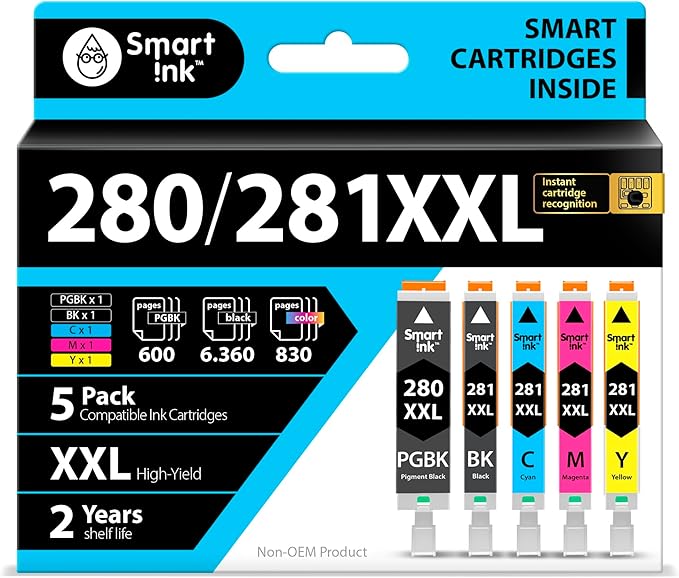 Smart Ink Compatible Ink Cartridges Replacement for Canon 281 280 PGI-280XXL CLI-281XXL (5 Combo Pack) to use with Canon Printers Pixma TR8520 TS9120 TS6120 TR8620 TR8620a TS6320 TR7520 PGBK/BK/C/M/Y