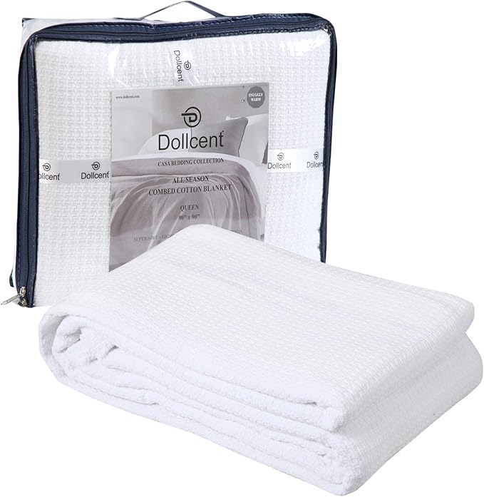 DOLLCENT 100% Cotton King Size Blanket for Bed, Premium Soft Combed Lightweight Blankets, Washed Breathable Cozy Bed Throw Blanket, White King Cotton Blankets for All Season: White (108"x90")