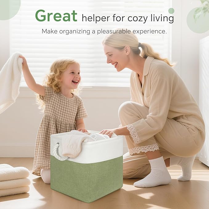 Fabric Cubes Storage Basket, 6 Pack 11x11 in with Handles Cube Storage Bins, for Shelves, Home, Office Organizers (White/ Green)
