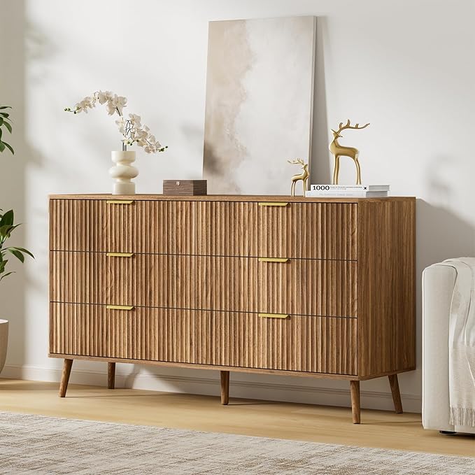 LYNSOM Fluted Dresser and Nightstand Sets 3 Piece, 6-Drawers Dresser and 1-Drawer Nightstands Set of 2, Wood Bedroom Furniture Set for Home, Bedroom, Hallway, Walnut