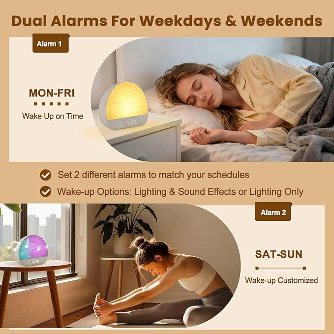 Sunrise Alarm Clock Sound Machine, Wake Up Light - Bluetooth Speaker, Dual Alarms, Dimmable Clock, USB Charging, Snooze, 37 Sleep Sounds, 15 Colors, Timer-Night Light for Heavy-Sleepers Gift