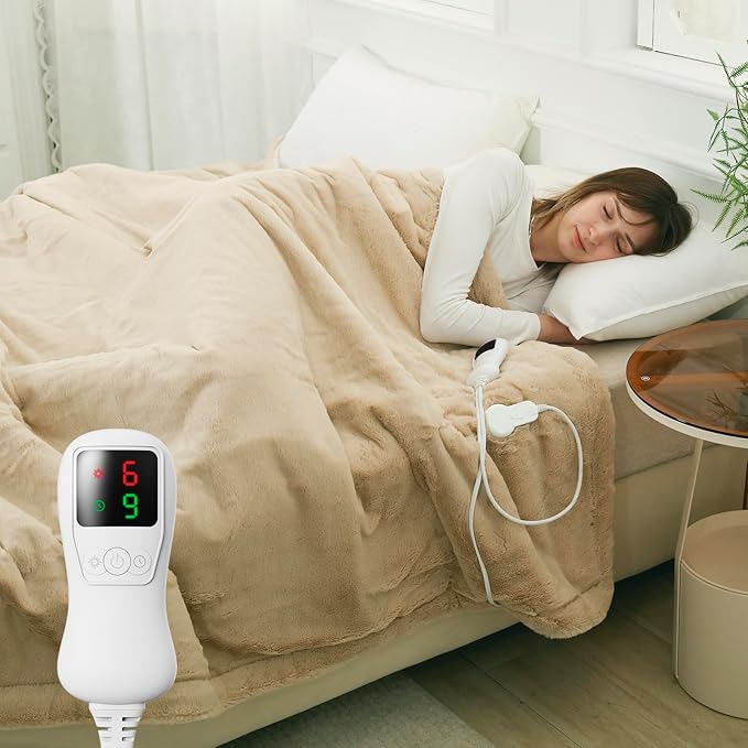 Electric Heated Blanket Full Size, Faux Fur Heat Blanket, Super Soft Cozy Heating Blanket with 9 Heating Levels & 1-9 Hours Auto Off, Fast Heat & Overheat Protection, 72" x 84", Beige