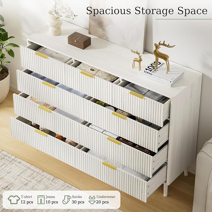 LYNSOM Fluted 9 Drawer Dresser for Bedroom, 55" Wide Modern Chest of Drawers with Curved Profile Design and Metal Handles, Wood Dresser TV Stand & Storage Organizer for Bedroom, Hallway, White