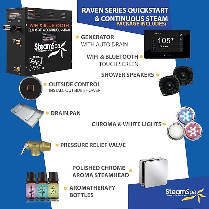 SteamSpa Steam System 7.5kW Steam Shower Generator with Bluetooth Wifi, Quickstart Continous Steam, Advanced Touch Pad Screen, Chroma Lights, Drain Pan and Auto Drain Chrome RVBS750CH-A