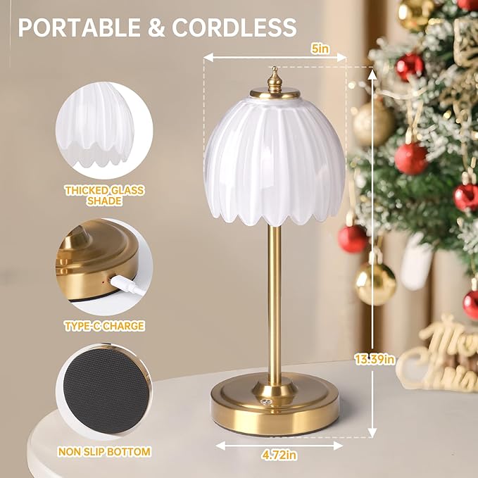 Set of 2 Tulip Table Lamp with 5000mAh Battery & Touch Control, Cordless Small Table Lamp with 3 Colors, Dimmable Rechargeable Table Lamps for Bedroom, Desk, Bedside (White Tulip)