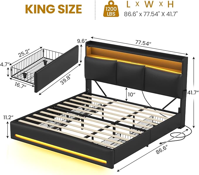 VIAGDO King Bed Frame with Storage Headboard and Charging Station, Leather Upholstered Bed Frame King Size with 4 Drawers and LED Lights, Type C and USB, No Box Spring Needed, Black