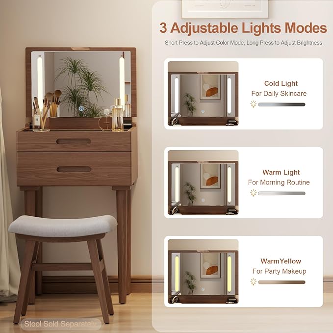 Solid Wood Small Vanity Desk with Mirror and Lights, Narrow Makeup Vanity for Small Space, Flip Top Vanity Side Table, 3 Color Modes & Adjustable Brightness, 19.6" Slim Dressing Table, Walnut