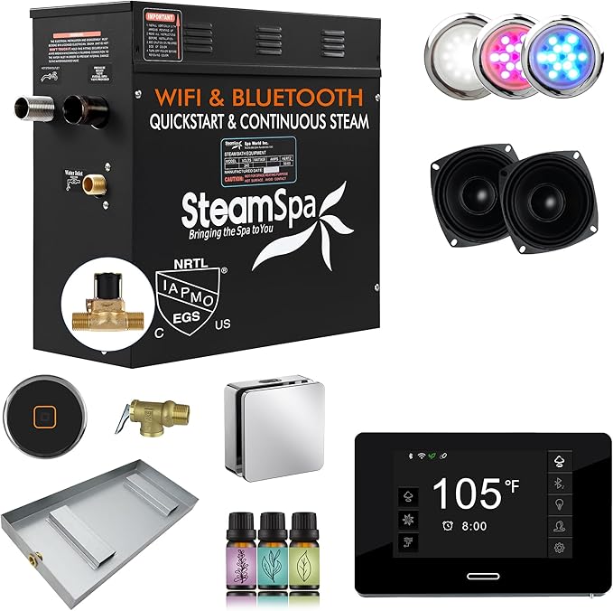 SteamSpa Steam System 9kW Steam Shower Generator with Bluetooth Wifi, Quickstart Continous Steam, Advanced Touch Pad Screen, Chroma Lights, Drain Pan and Auto Drain Chrome RVBS900CH-A