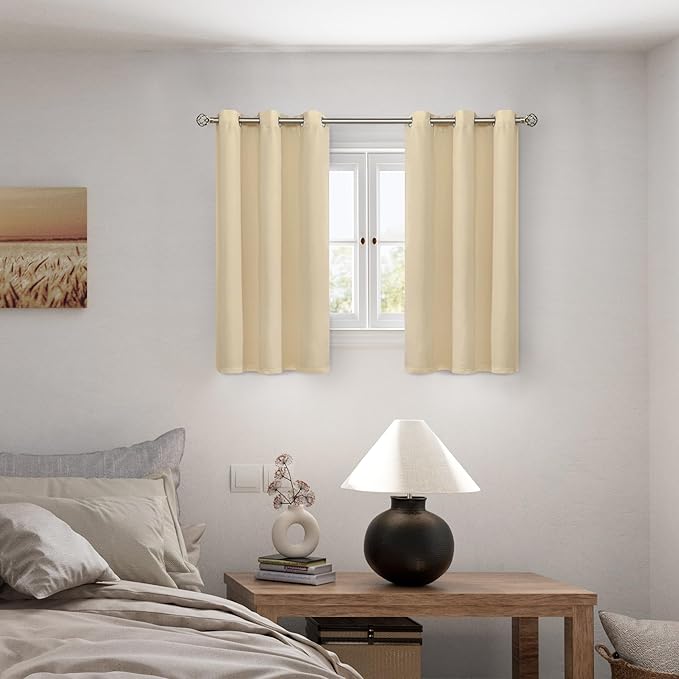 BGment Short 100% Blackout Curtains for Bedroom, Thermal Insulated Energy Efficiency Noise Reducing Grommet Curtains 54 Inch Length with Liner for Small Window 2 Panels Each 42 Inch Wide, Natural