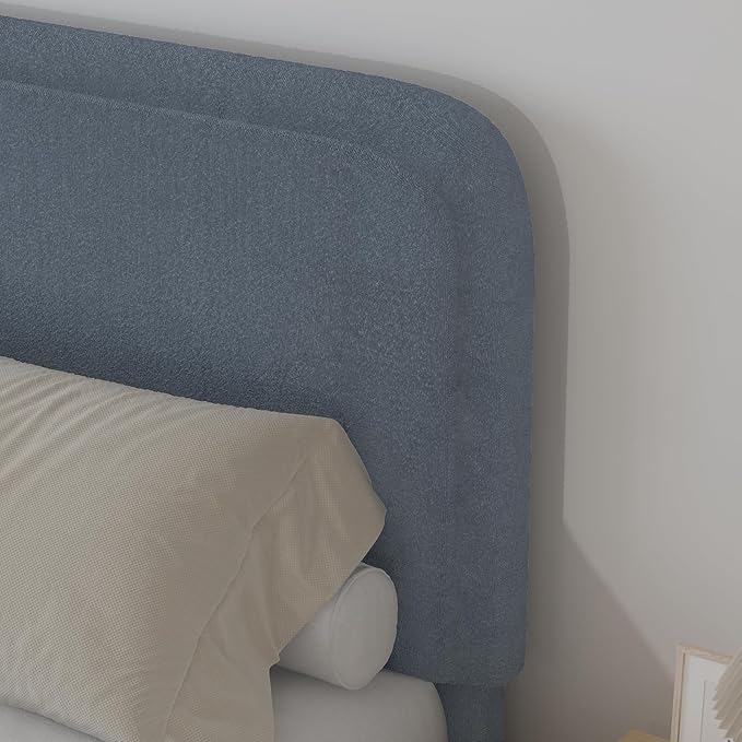 BarnFurin Boucle Upholstered Bed Frame King Size/Cloud Bed Frame/Soft Rounded Corners Headboard/Low Profile/No Box Spring Needed/Blue