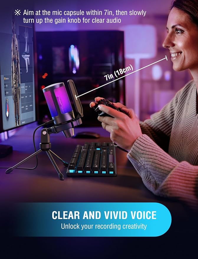 FIFINE Gaming USB Microphone for PC PS5, Condenser Mic with Quick Mute, RGB Indicator, Tripod Stand, Pop Filter, Shock Mount, Gain Control for Streaming Discord Twitch Podcasts Videos- AmpliGame