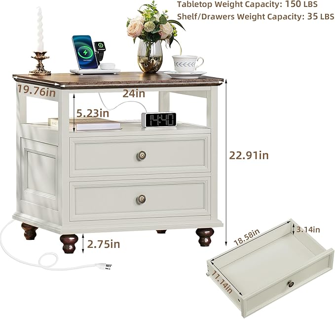 Farmhouse Nightstand with Charging Station, 24" Wide End Table with 2 Drawers,White Wood Dresser for Bedroom, Bed Side Table Chest of Drawers Cabinet,Night Stand for Living Room, Closet