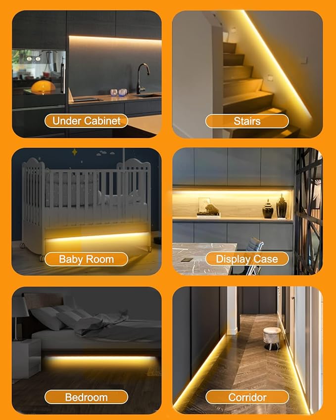 Motion Sensor Led Light Strip - Under Cabinet Lighting with Power Adapter, 6 Adjustable Brightness and Timing, Light Strips for Kitchen Cabinets, Stair, Showcase, Bedroom, 16.4ft 3000K WarmWhite