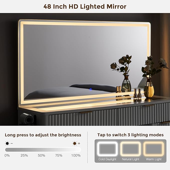 T4TREAM 48" Fluted Makeup Vanity Desk with Large Led Lighted Mirror, Modern Vanity Table with 8 Drawers & Charging Station, Glass Top Dressing Table for Bedroom, White