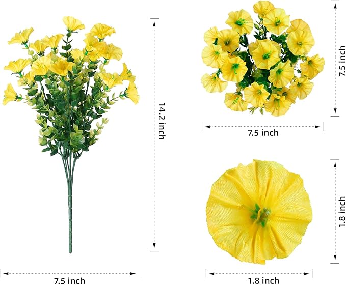 Artificial Flowers Fake Plants for Outdoors Decoration, 12 Bundles Yellow Silk Morning Glory with Eucalyptus Realistic UV Resistant Faux Flowers for Outside Planter Porch Yard Patio Garden Home Indoor