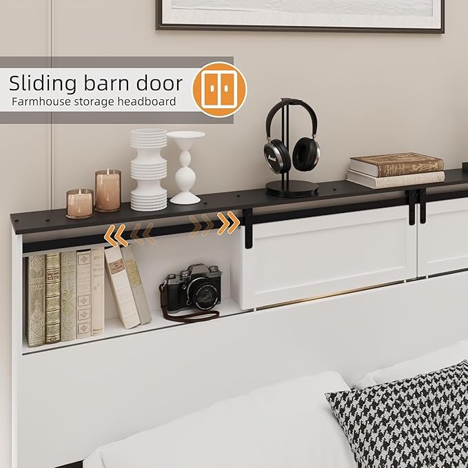 King Wood Bed Frame, Sliding Barn Door Storage Headboard with LED Lights and Charging Station, Farmhouse Wood Platform Bed with Metal Slat Supports, No Box Spring Required, Noiseless, White