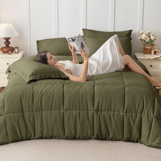 JOLLYVOGUE California King Comforter Set, Ultra-Soft Bed in a Bag Cal King Size 7 Pieces, Oeko-TEX Certified Bedding Set with Down Alternative Comforter, Sheets, Pillowcases & Shams, Olive Green