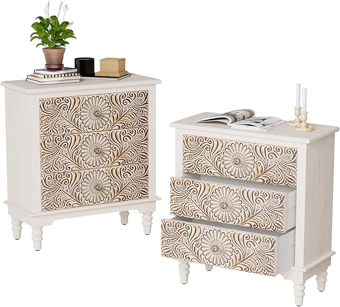COSIEST Bedside Table Set of 2, Wood Nightstand 3 Drawers, Farmhouse End Table with Storage, Dresser with Drawers for Bedroom, Living Room