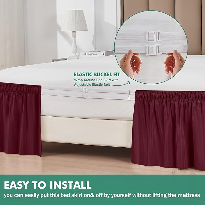 Biscaynebay Wrap Around Bed Skirts with Split Corners for King Beds 14" Drop, Burgundy Elastic Dust Ruffles Adjustable Easy Fit Wrinkle & Fade Resistant Silky Luxurious Fabric Machine Washable