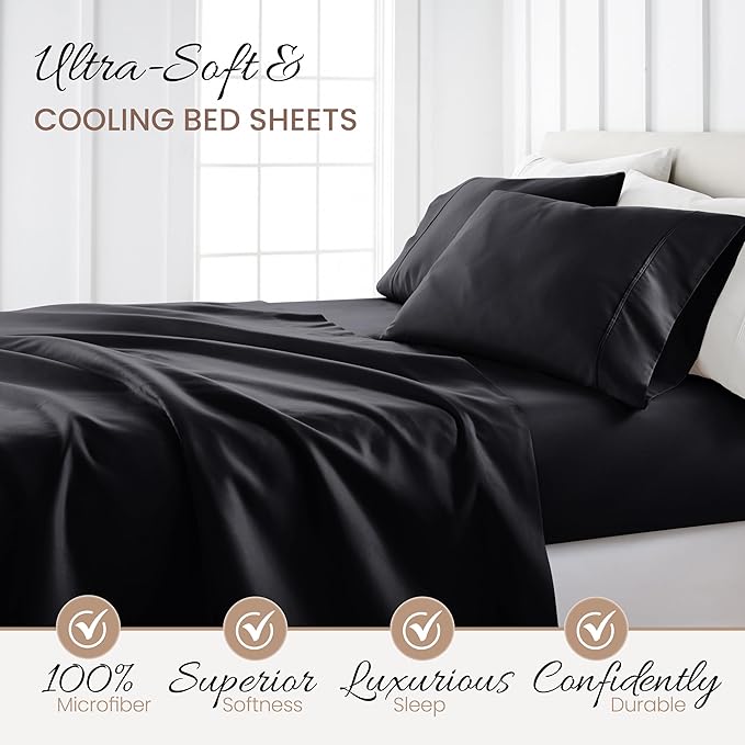 Linen Market Brushed Microfiber Twin Sheet Set 3 Piece – Oeko-TEX Certified Ultra Soft & Wrinkle-Free - 16" Deep Pocket Sheets - Easy Care Twin Size - Black